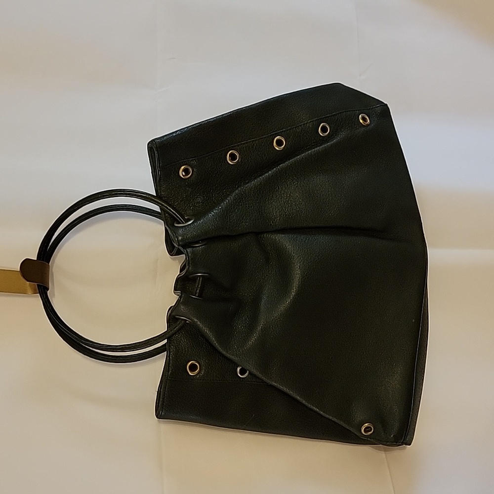 KOOBA Black Pebble Leather Ring Handle Purse Grommets Lined Excellent Condition